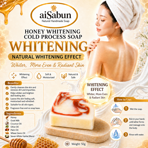 Picture of [Cold Process Plant-Based Oils with Herbal Extracts Handmade Whitening Soap] aiSabun Honey Whitening Cold Process Soap 50g – Brightens Dull Skin, Cleanses & Skin-Friendly