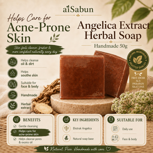 Picture of [100% Natural Handmade Acne Care Soap] aiSabun Angelica Extract Cold Process Soap 50g – Helps Care for Acne-Prone Skin, Cleanses Excess Oil & Skin-Friendly